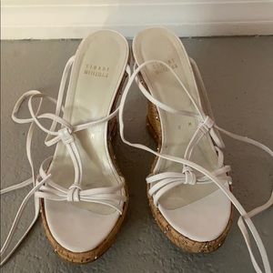Stuart Weitzman White & Cork Studded Lacy Up Wedge